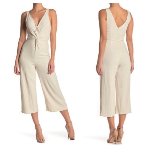 emory park Pants - Emory Park Sleeveless Knot Woven Cream Linen Jumpsuit Large Resortwear